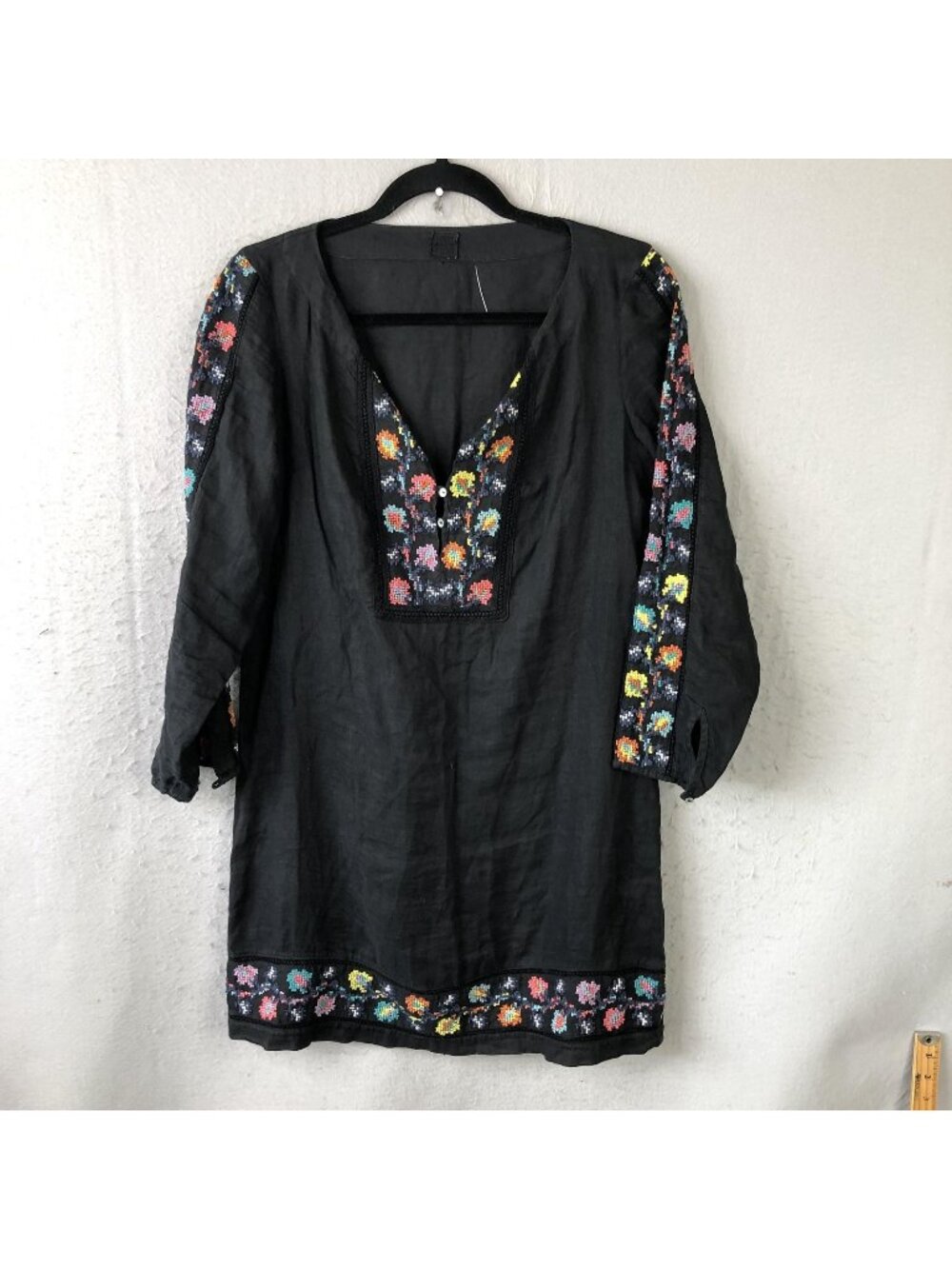120% Lino Dress Womens 42 Black Linen Embroidered Kaftan Shift 3/4 Sleeve Boho